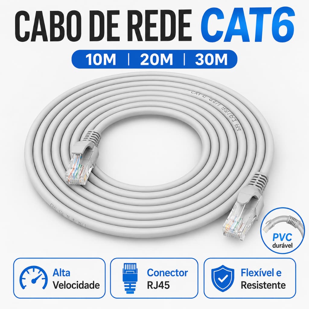 Cabo de Rede Ethernet CAT6E 10/20/30M | Conector Banhado a Ouro | Para PS5, PC e Wi-Fi