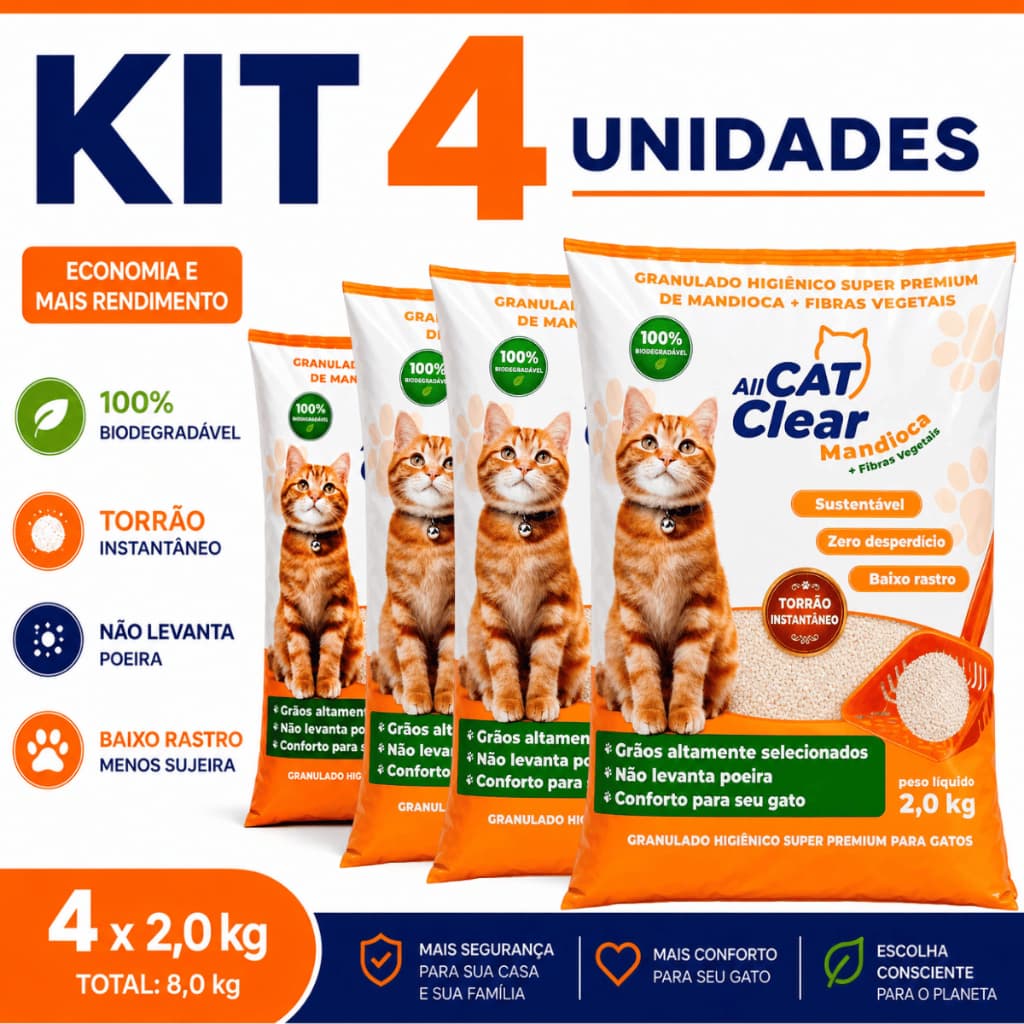 Kit 4 Areia Granulado Higiênico Mandioca Natural Torrão Instantâneo Gatos