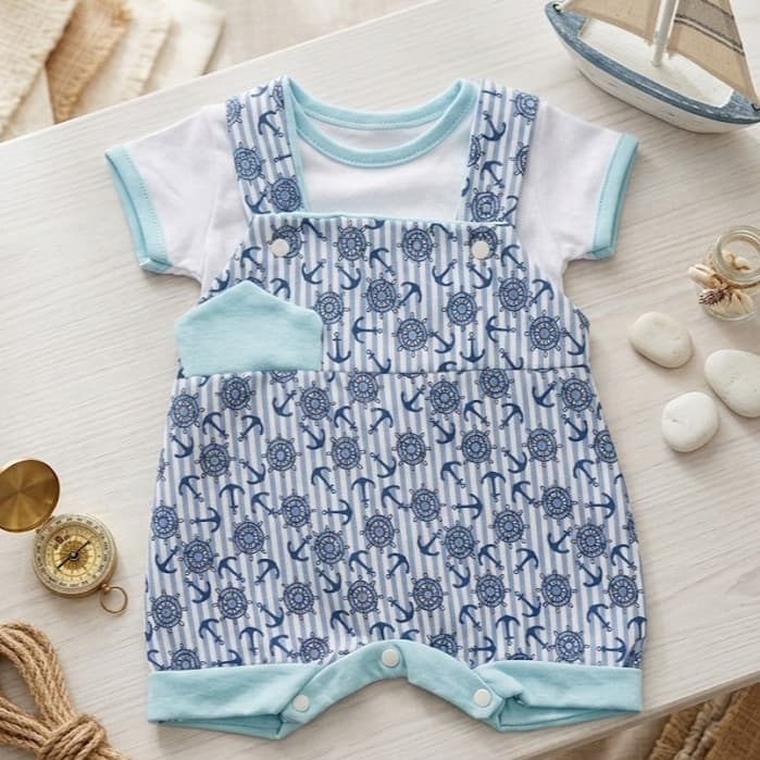 Macacão Curto Jardineira + Camiseta para Bebê Menino RN á 4 Meses