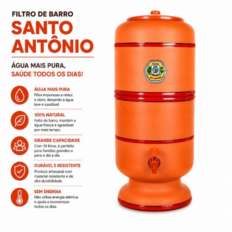 Filtro de Barro Original 12L Premium Santo Antônio c/ 2 Velas | Água Pura Natural e Sempre Fresca 💧