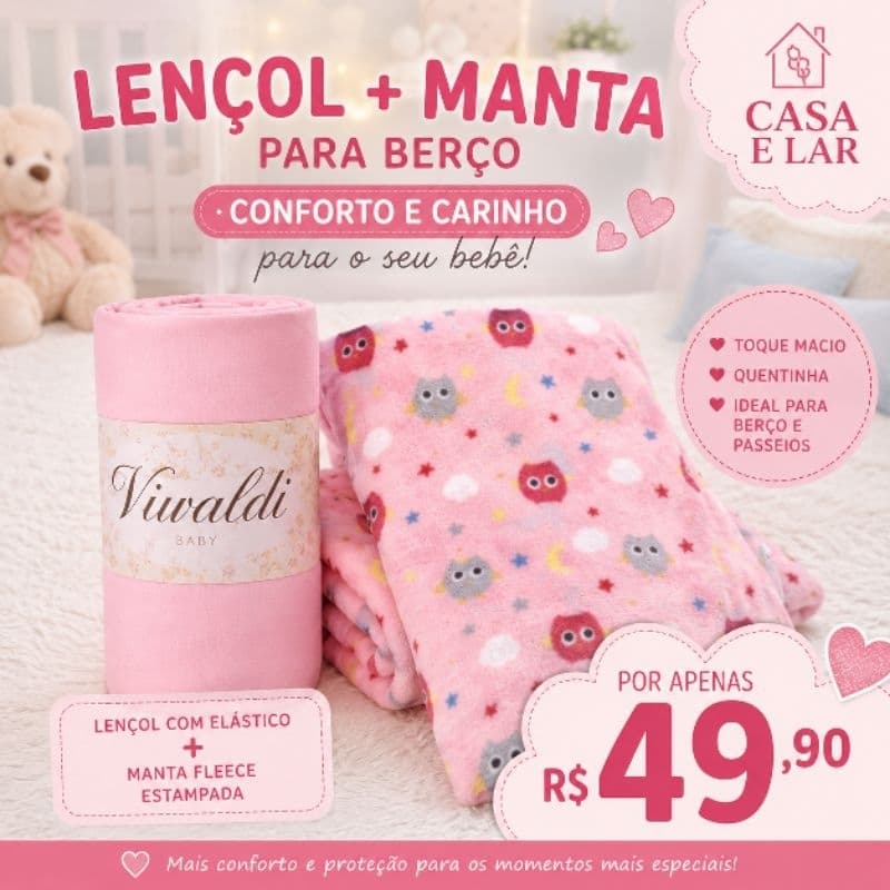 Kit Lençol de Berço com Elástico100% Algodão + Manta Fleece Vivaldi Baby | Macio e Quentinho | Cores Variadas