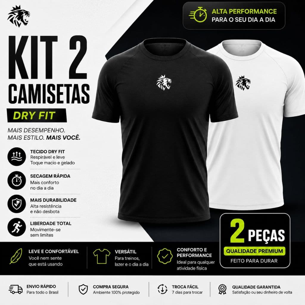 Kit 2 Camisas Academia Masculina | Aproveite Hoje | Dry Fit Premium Anti-Suor Logo Leão