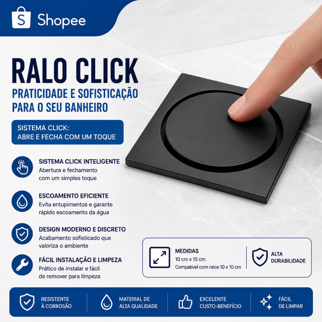 Ralo Click Inteligente Para Piso 10X10cm Black Matte Preto Fosco Click Up Super Luxo - PROMOÇÃO