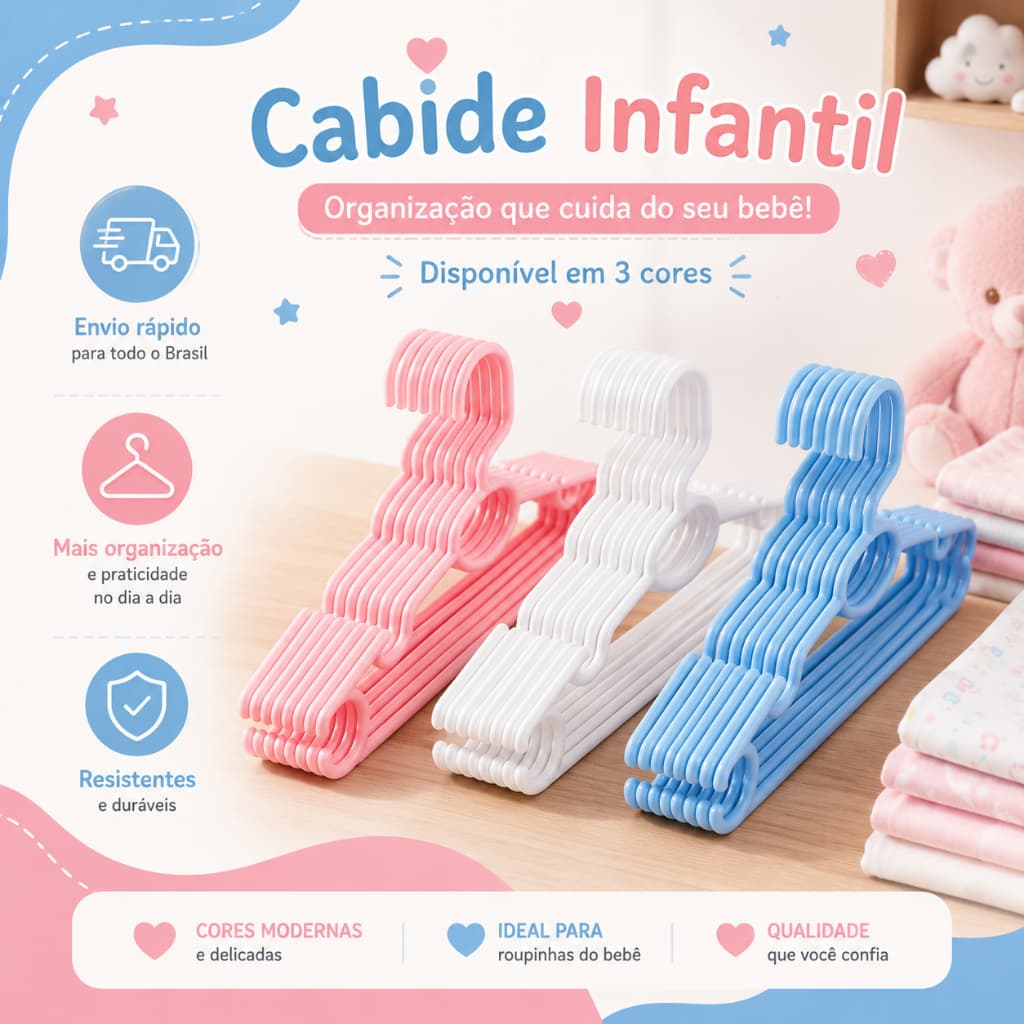 Kit 10 Cabides Infantil Bebê Baby Rosa Azul Branco Plástico Roupa Colorido
