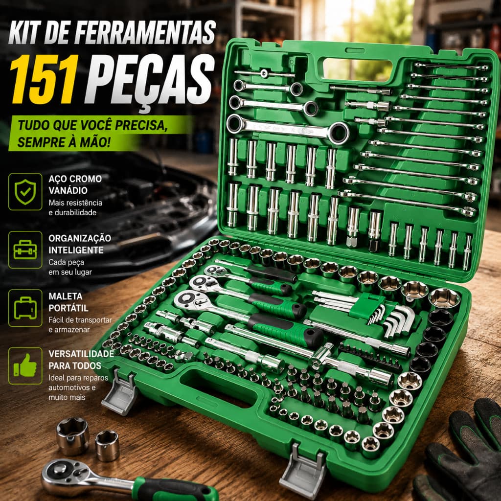 Kit Jogo De Ferramentas Com Soquetes 151 Peças De Aço Crv