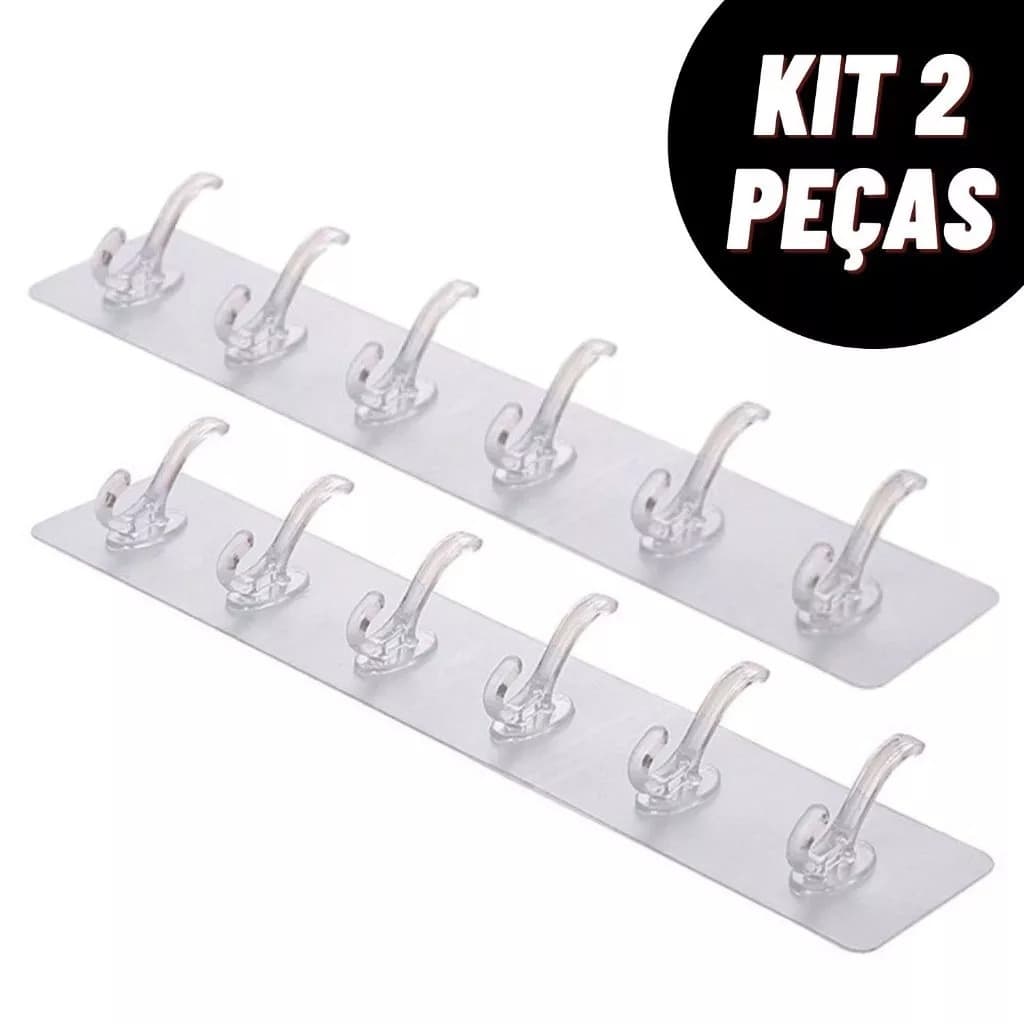 Kit 2 Ganchos Autocolante Transparentes Com 6 Ganchos Multifuncional Cozinha Banheiro