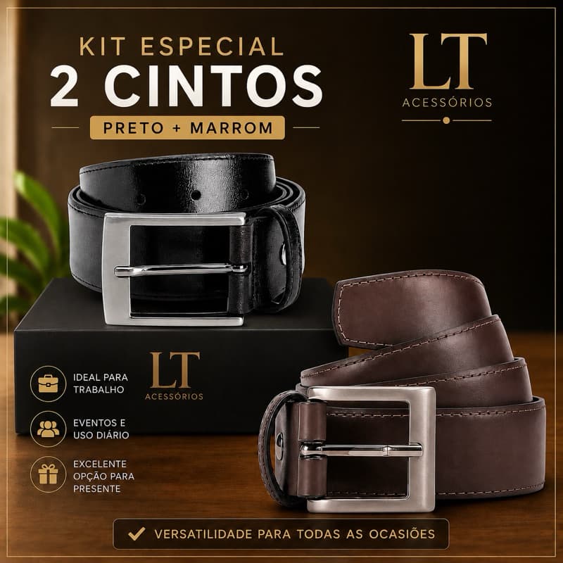 Kit 2 Peças Cinto Couro Legitimo Premium Masculino Preto e Cafe