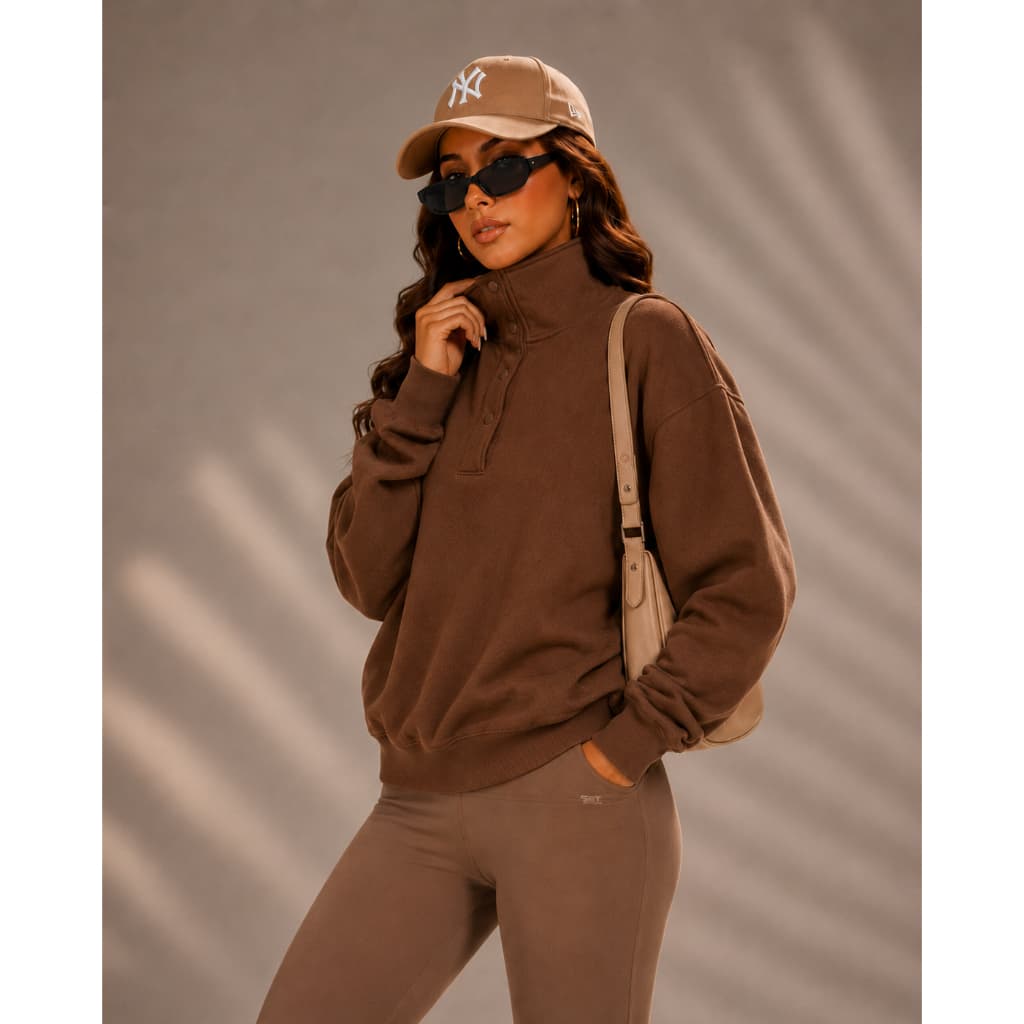 Moleton Feminino Gola Alta Peluciado Botões Manga Longa Confortável Premium Street