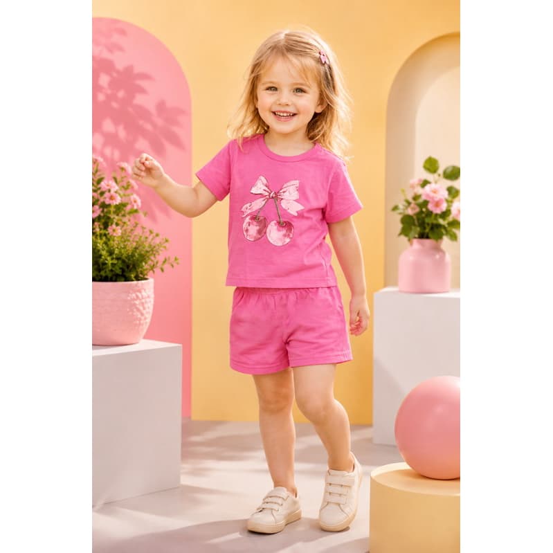 Conjunto Infantil Feminino Verão Blusa e Short Estampa Cerejas