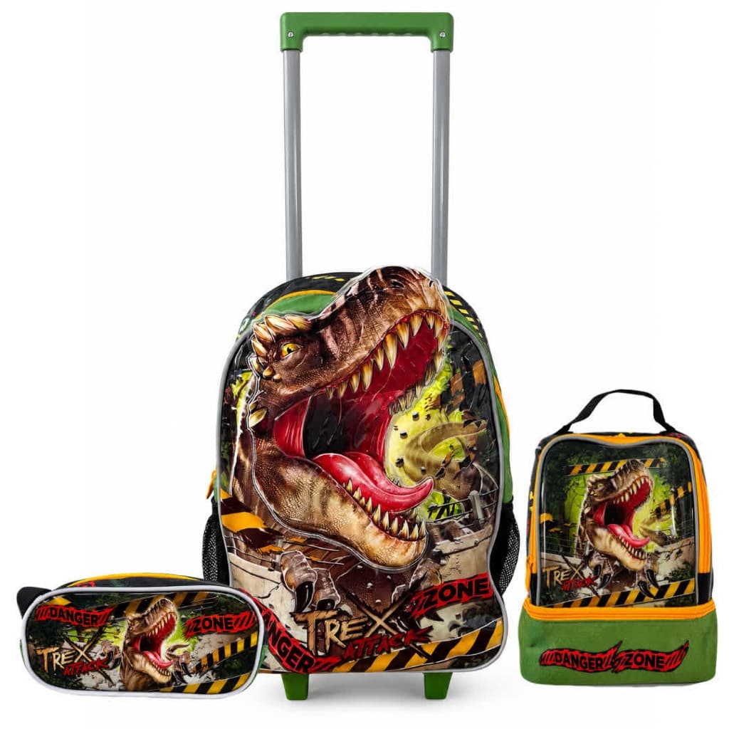 Mochila de Rodinha c/ Estojo e Lancheira Dinossauro Infantil