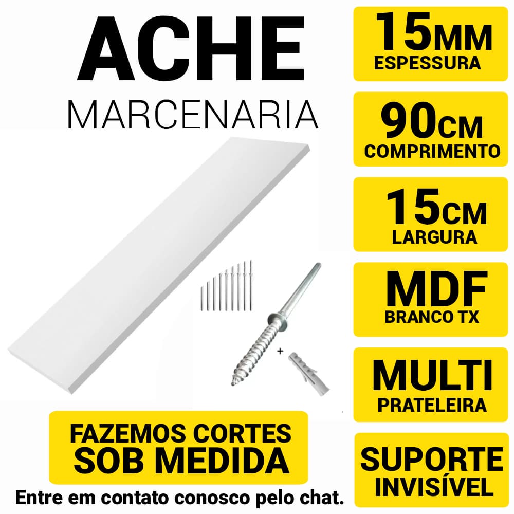 Prateleira Flutuante em Mdf 15mm Branco Tx 90x15 C/Acabamento Fitado 3 Lados + Suporte Invisivel