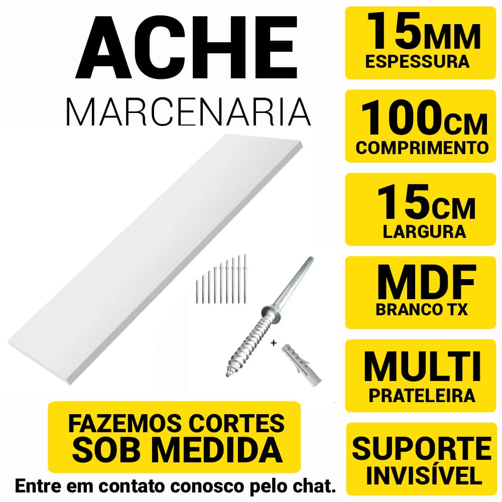 Prateleira Flutuante em Mdf 15mm Branco Tx 100x15 C/Acabamento Fitado 3 Lados + Suporte Invisivel