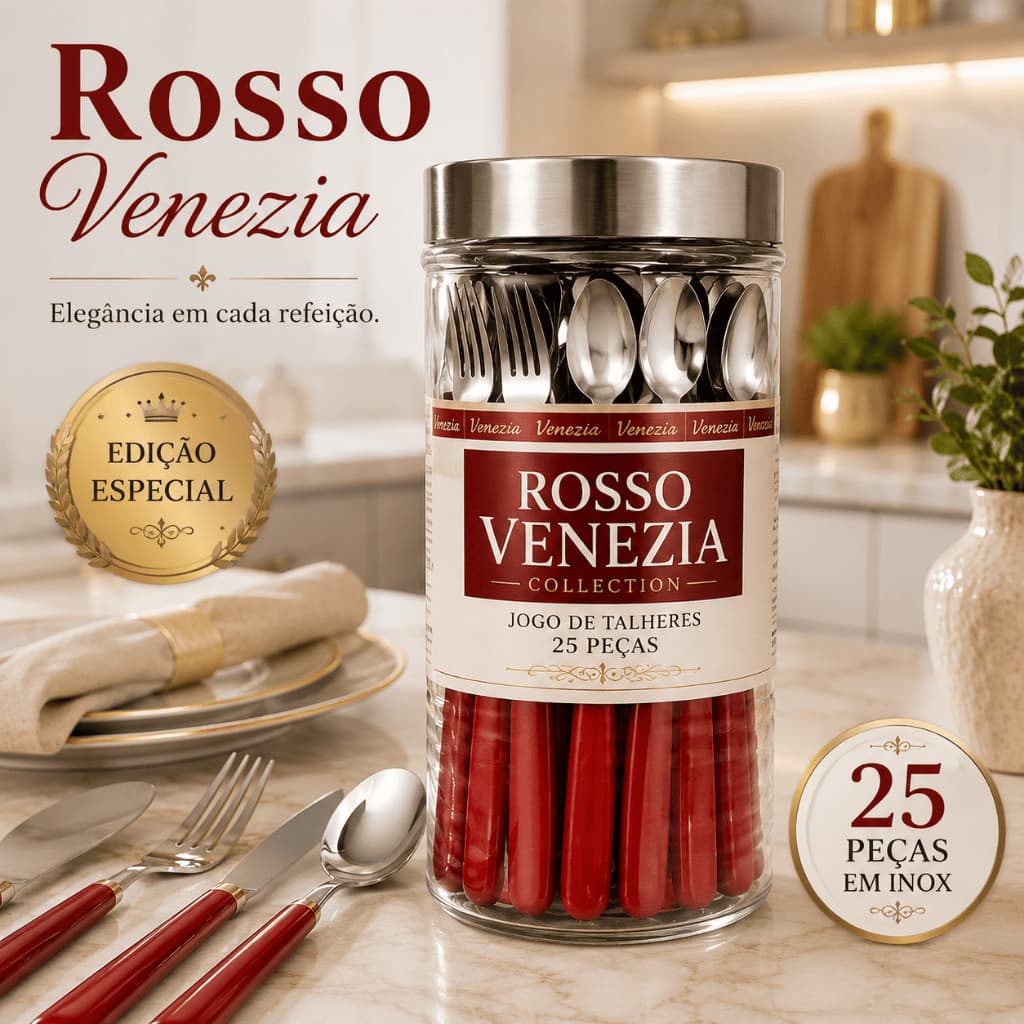 Jogo de Talheres 25 Peças Inox com Pote de Vidro Vermelho Rosso Venezia Collection