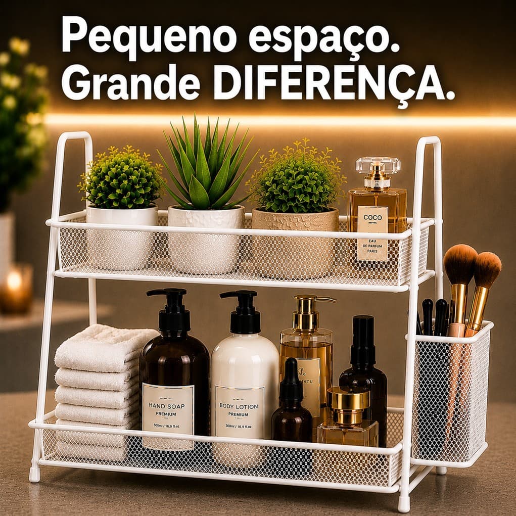 Prateleira Dupla Organizador Aramado 2 Andares com Cesto Lateral | Mesa Cozinha Banheiro Escritório