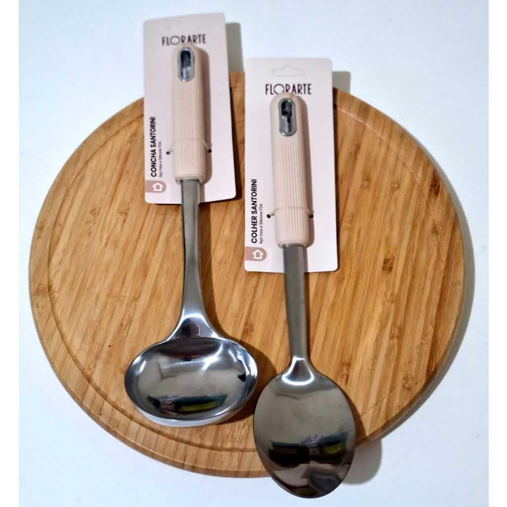 KIT C/1 COLHER ACO INOX 31,7cm  + 1 CONCHA ACO INOX 31,3cm - C/ CABO CANELADO SANTORINI (BEGE)