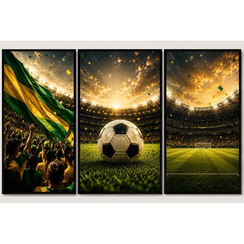 Quadro decorativo 3 peças bola campo decoração esportiva verde amarelo