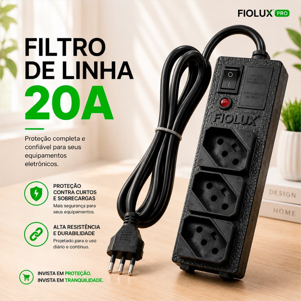 Extensão Elétrica Fiolux Filtro de Linha 20A Régua de 3 Tomadas Linha de Alimentação C/ Fusível