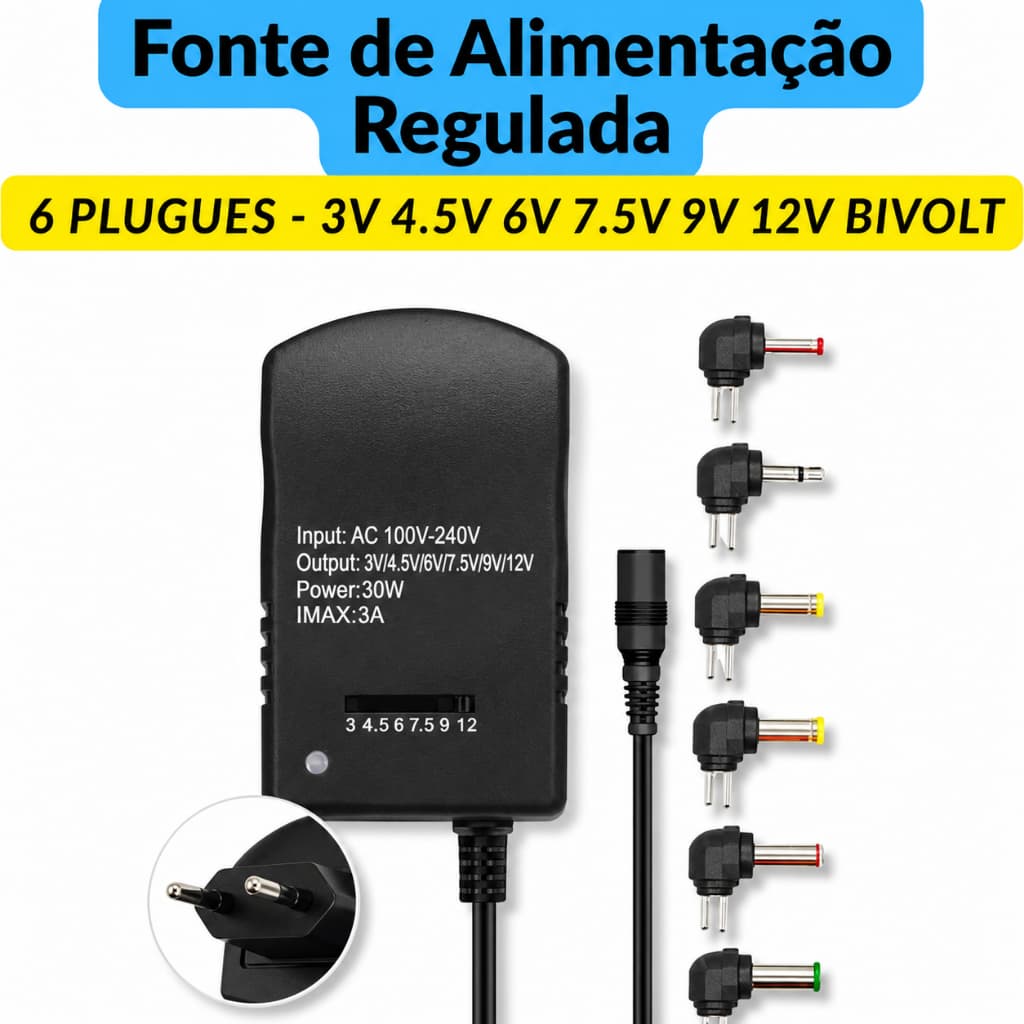Fonte Alimentação Universal Regulada 3v 4.5v 6v 7.5v 9v 12v Bivolt 6 Plugues