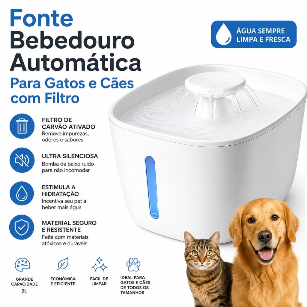 Fonte Bebedouro Automático Para Gatos e Cães Com Filtro Água Circulante 3L Silenciosa