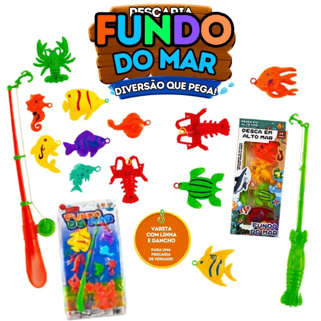Kit Pescaria Infantil Pega Peixe Com Varinha Brinquedo Educativo Animais Marinhos Crianças