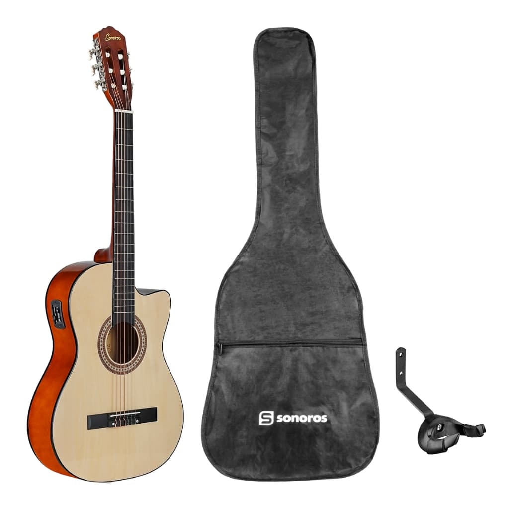 Kit Violão Elétrico 6 Cordas Nylon Sonoros Natural Com Capa Bag e Suporte de Parede ASK