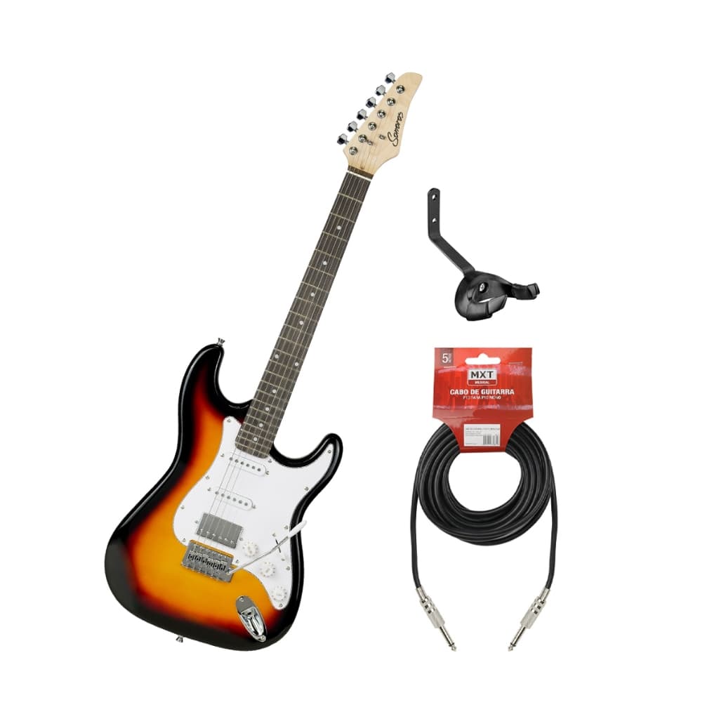 Kit Guitarra Elétrica Strato HSS 6 Cordas Sonoros Sunburst Com Cabo 5M E Suporte De Parede ASK