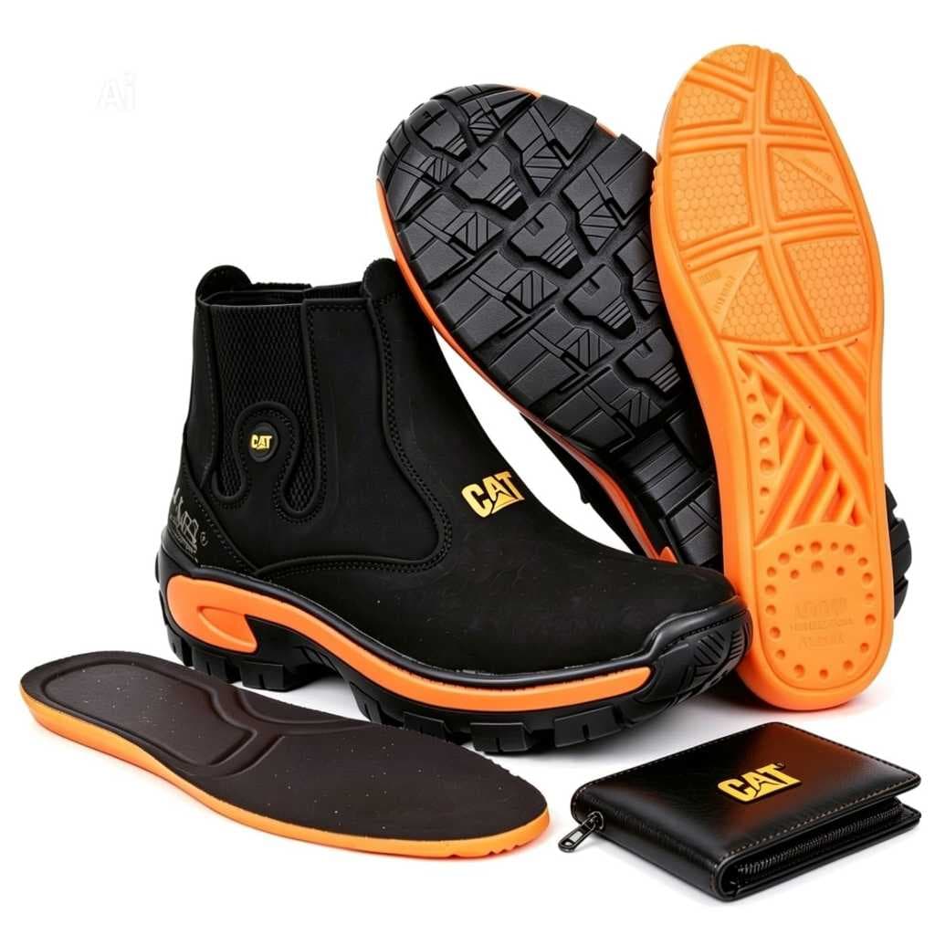 Bota Botina CAT Coturno Em Couro Palmilha Gel Brinde Carteira Caterpillar Bico PVC Macio Solado Borracha Trabalho