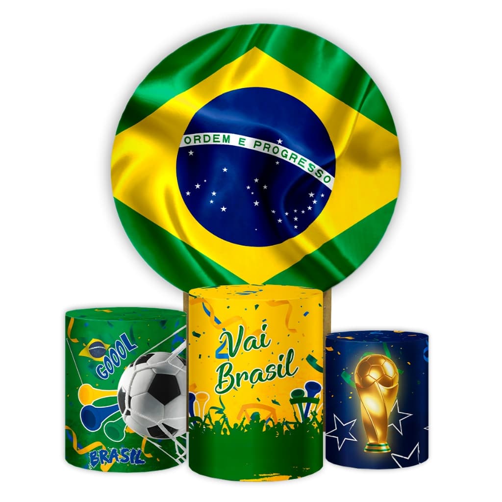 Kit Capa Painel e Cilindros Decoração Copa do Mundo Torcida Futebol Brasil Hexa Festa Vesta Fácil