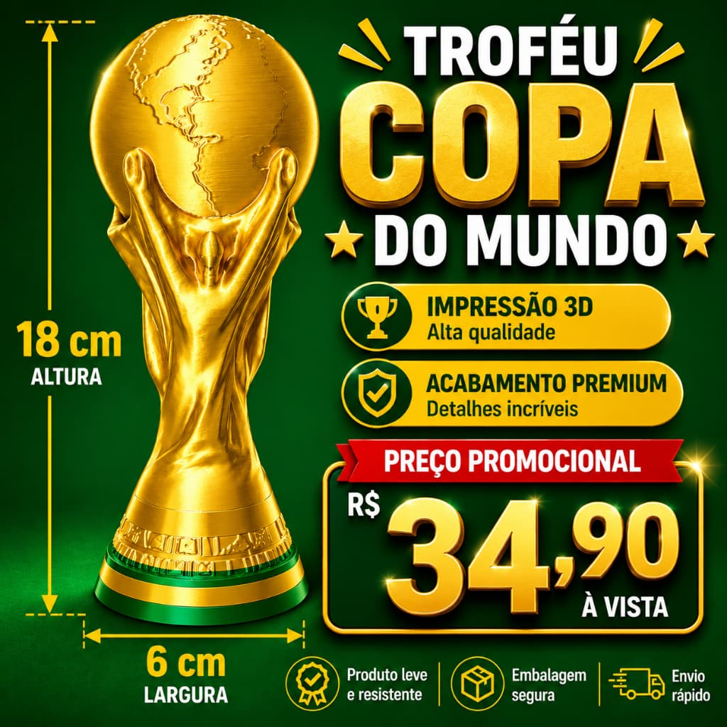 🏆 Troféu Copa do Mundo 18cm Impresso em 3D Decorativo Colecionável Futebol Dourado