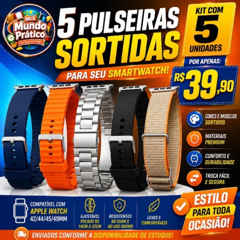 Conjunto de 5 Pulseiras Respirável Smartwatch 42 a 49mm (Cor/Modelos Sortidos)