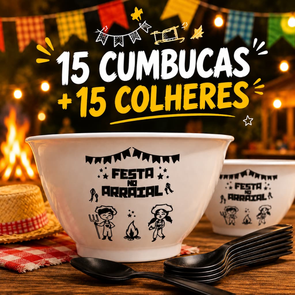 Kit 15 Cumbucas Plástico Branca Festa Junina 400ml + 15 Colheres Plástico Preta