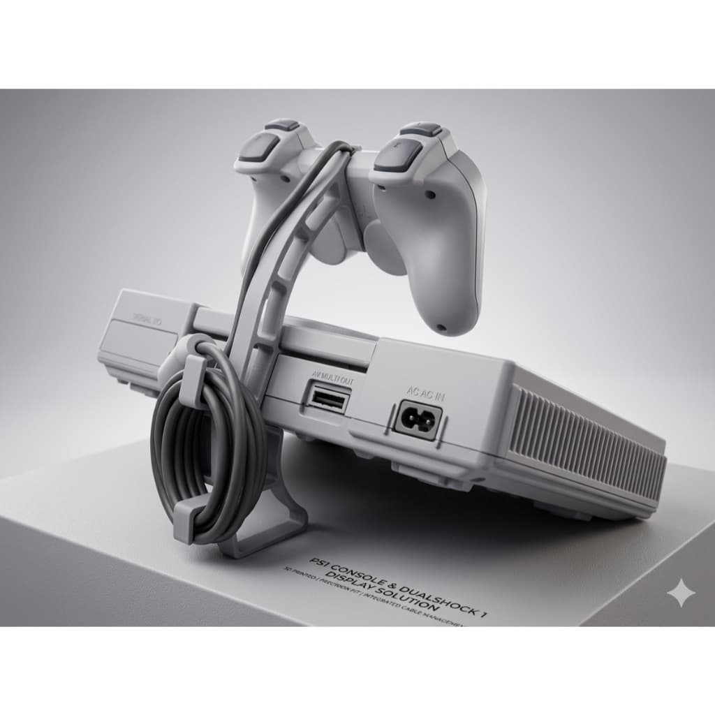 Suporte Premium de Mesa para Console PS1 Fat e 1 Controle com Organizador de Cabos - Impressão 3D