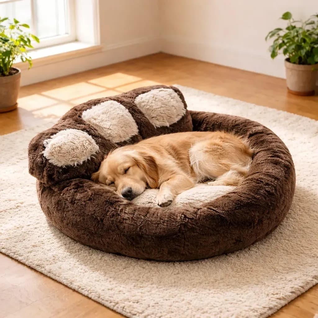Caminha Ninho Pet Donut de Pelúcia Formato de Pata para Cachorros e Gatos com Base Antiderrapante