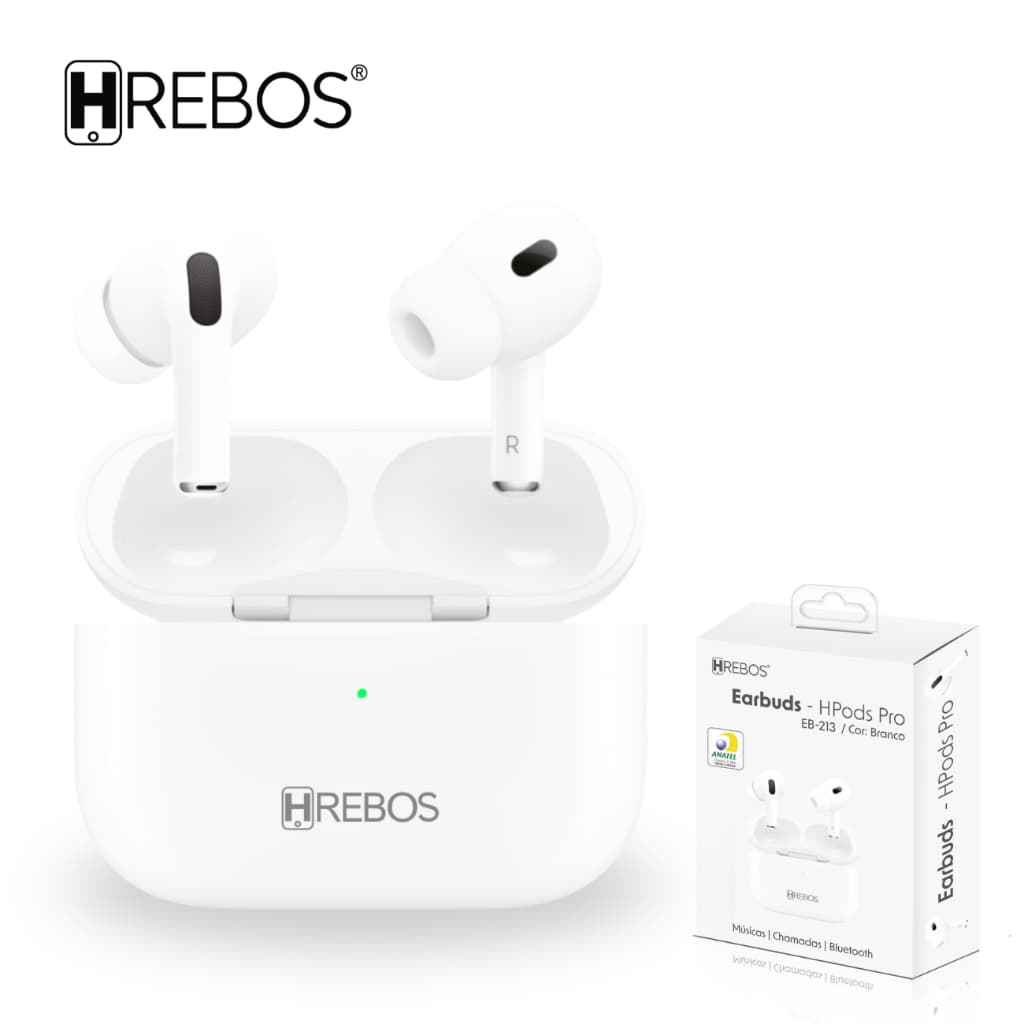 Fone Bluetooth Hrebos HPods Pro EB-213 Sem Fio Touch HD Microfone Base Carregadora Android iPhone Branco