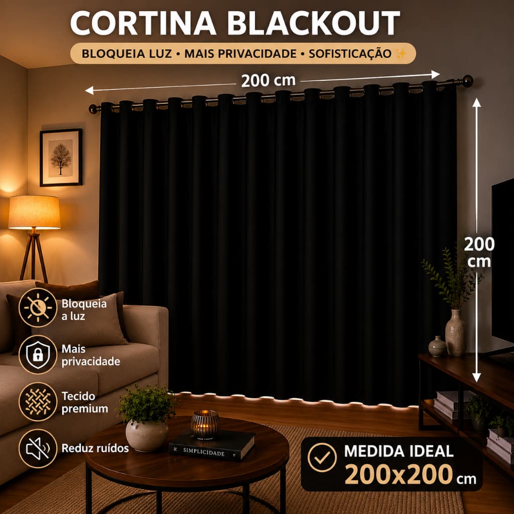 Cortina Blackout Com Alcas 200x200 Preta Bloqueio Luz Protecao Termica Estilo Moderno quarto sala privacidade