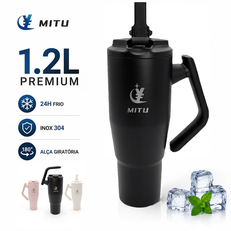 MITU Copo Térmico Inox 1.2L Premium com Alça Giratória, Tampa Antivazamento e Kit Completo de Acessórios