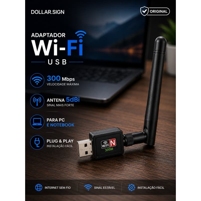 Adaptador WiFi USB 300Mbps Antena 5dBi Receptor Wireless PC Notebook KA-T8188
