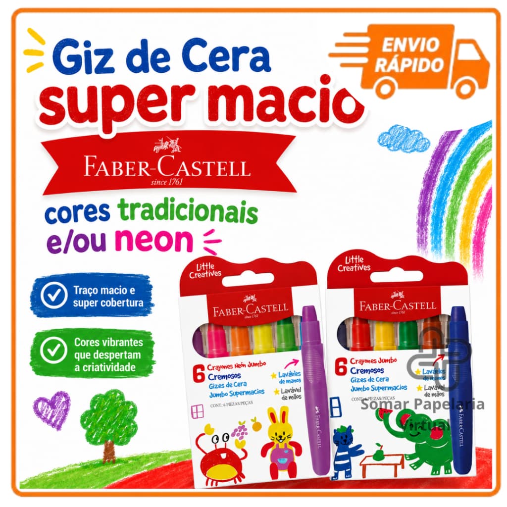 Giz de Cera Jumbo Supermacio, Little Creatives, 6 Cores, Faber-Castell 15813