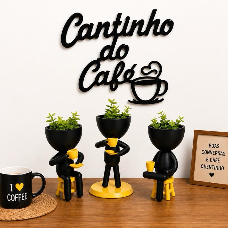 Kit Cantinho do Café Decorativo com 3 Vasos Bonecos e Letreiro de Parede | Decoração para Cozinha, Área Gourmet e Café