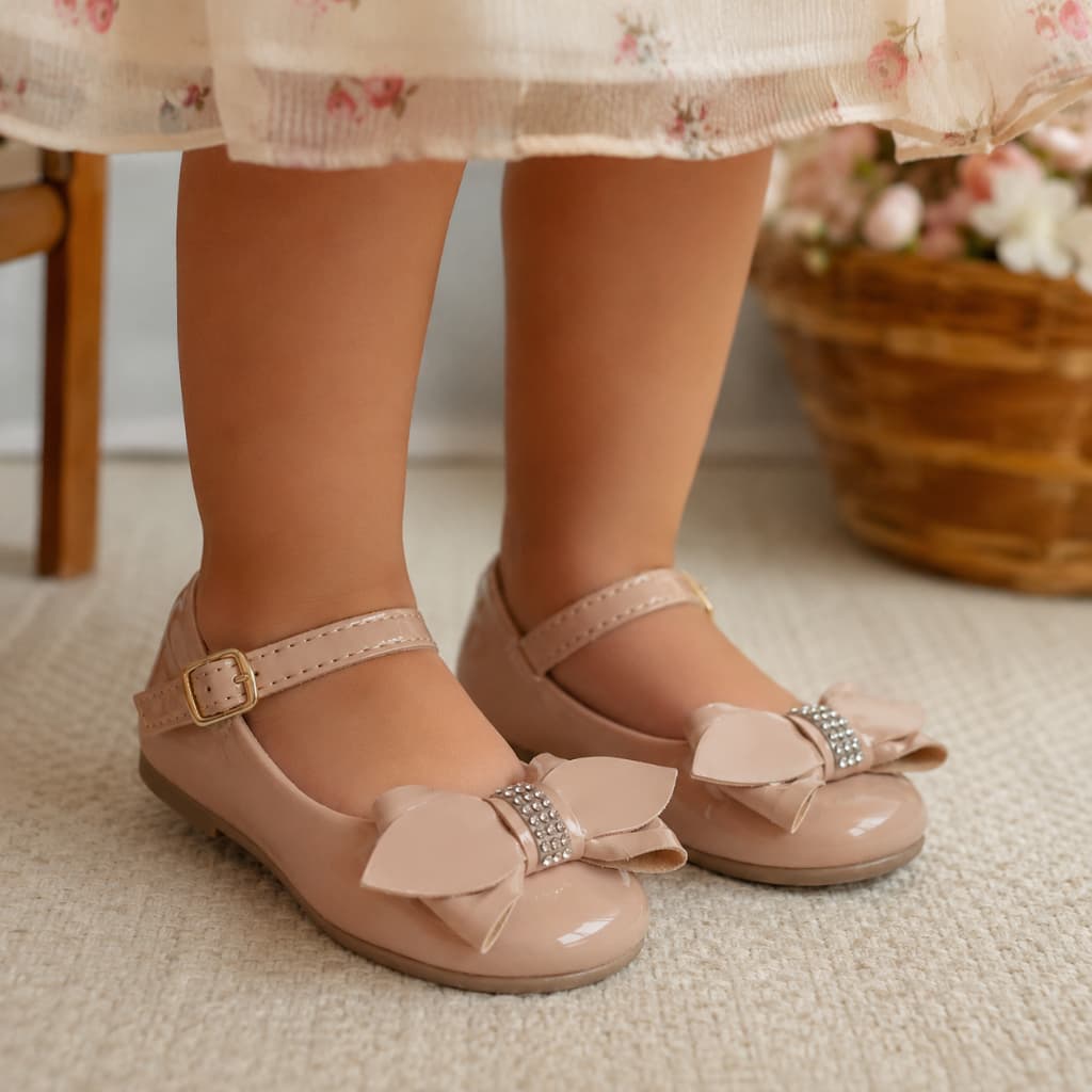 Sapatilha Infantil Menina Verniz com Laço Brilho Strass Delicada Festa Confortável