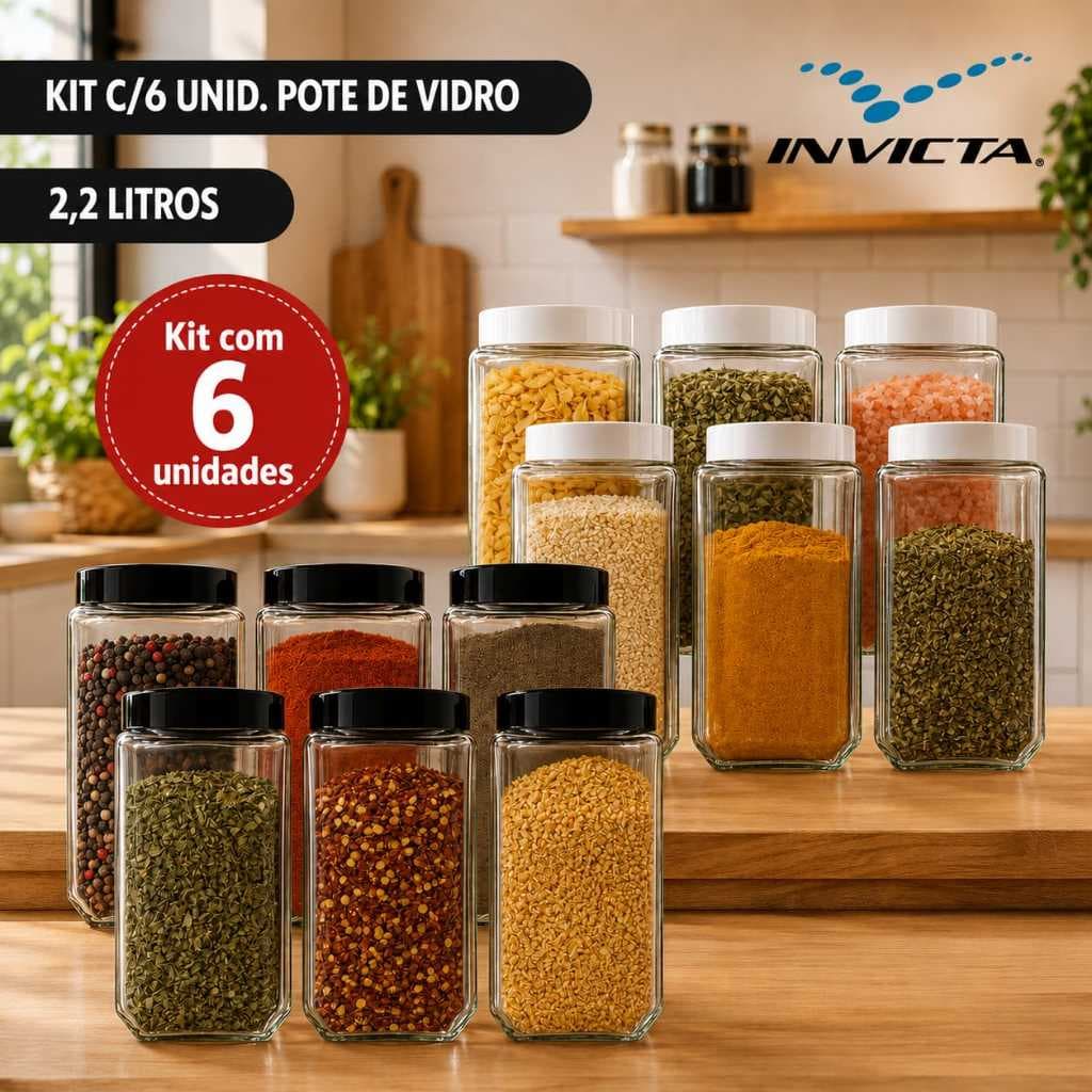 Kit c/6 unid Pote Vidro 2,2 litros Quadrado Tampa Rosca Color Invicta