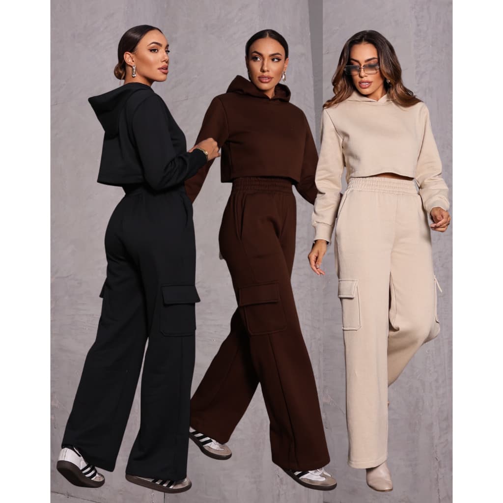 Conjunto Moletom Feminino Cropped com Capuz + Calça Cargo Wide Leg Streetwear Casual 2 Peças