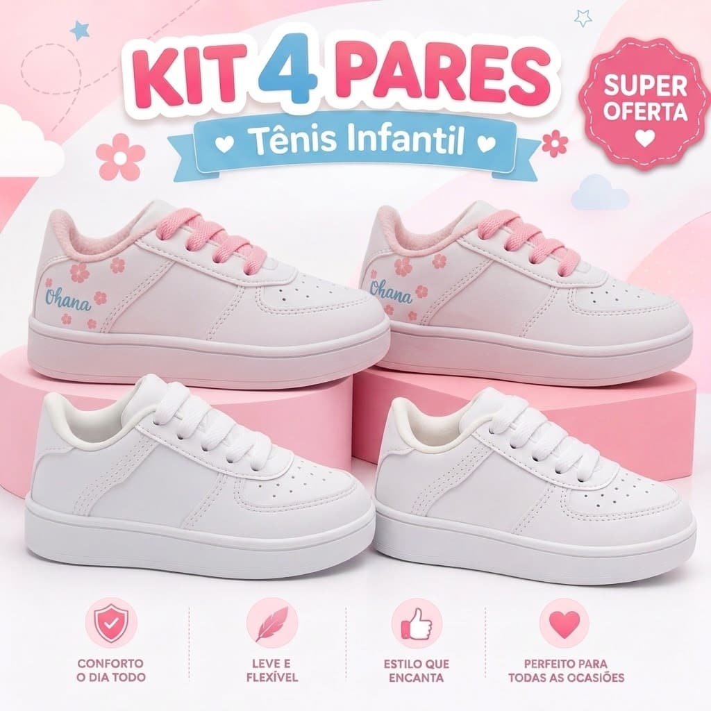 Kit 4 Tênis Femininos Infantis Casual Moderno Leve E Flexível Qualidade Para O Dia A Dia