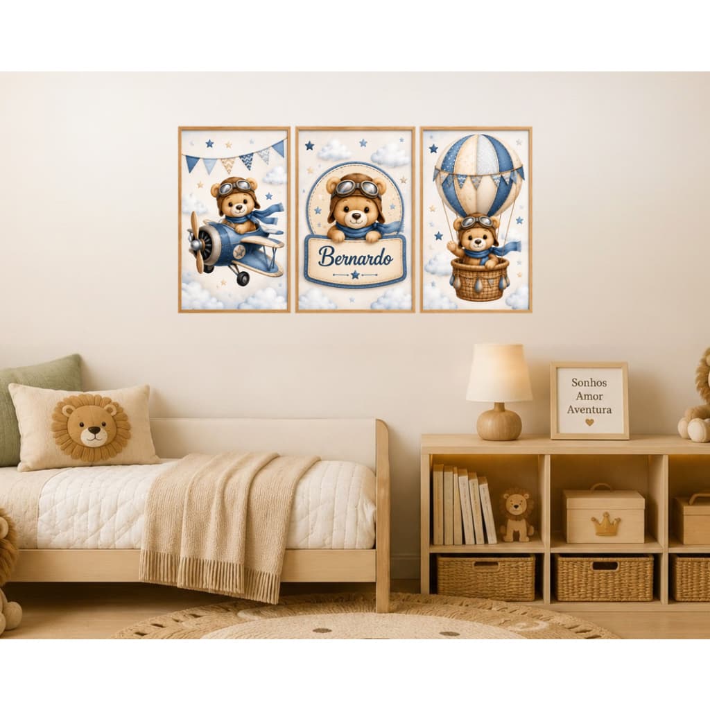 Quadro decorativo quarto infantil Urso avião Personalizado