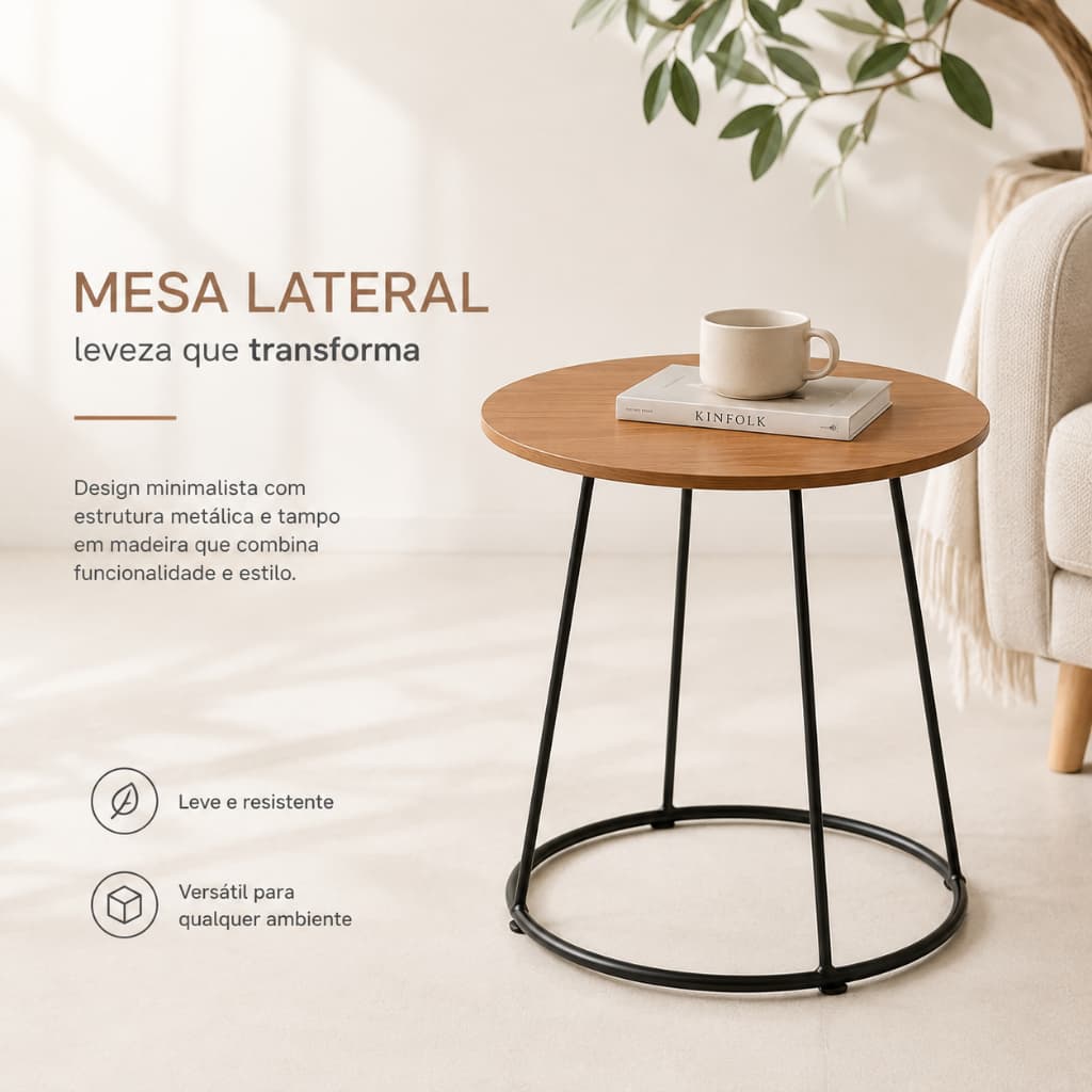 Mesa Lateral Redonda MDF Base Metal Mesa Apoio Para Sofá Sala Quarto Escritório Moderna