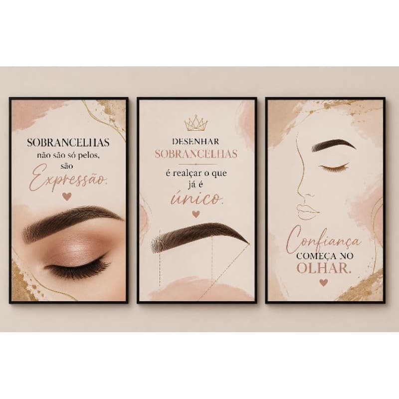 Quadro decorativo 3 peças designer de sombrancelha estética e beleza