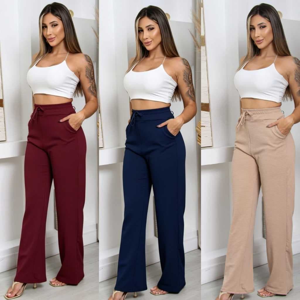 Calça Pantalona Wide Leg Canelada Premium Con Elastico Na Cintura E Bolsos Funcionais Conforto E Estilo Moda Femenina