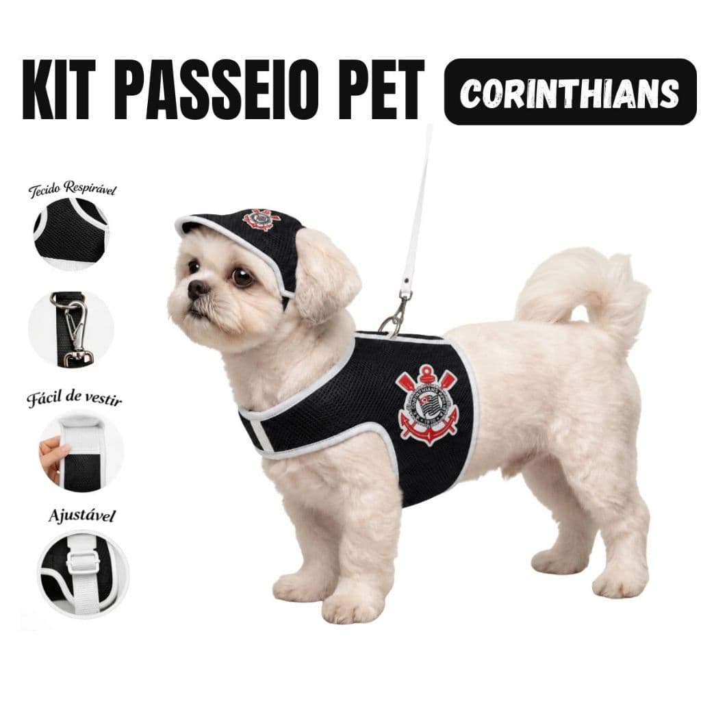 Kit Corinthians Colete Peitoral cachorros e gatos Time de Futebol Corinthians com Guia 1 Metro