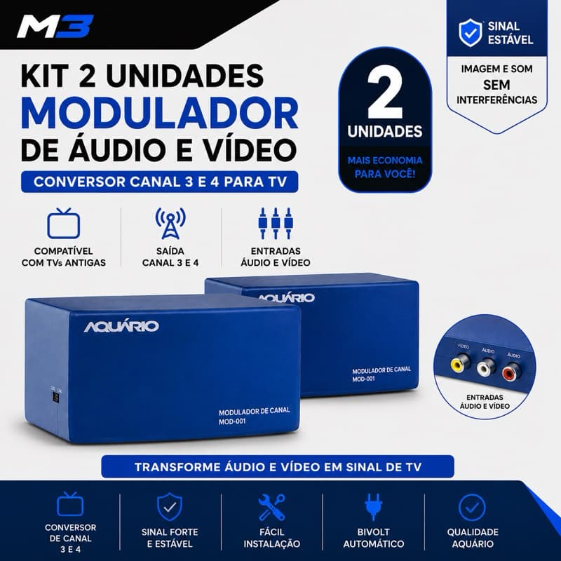 Kit 2 Moduladores de Audio e Video Aquário Conversor Canal 3 e 4 Tv Mod-001
