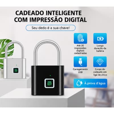 Cadeado De Impressão Digital Inteligente Bloqueio De Senha ÀProva D'água Antirroubo Carregamento USB